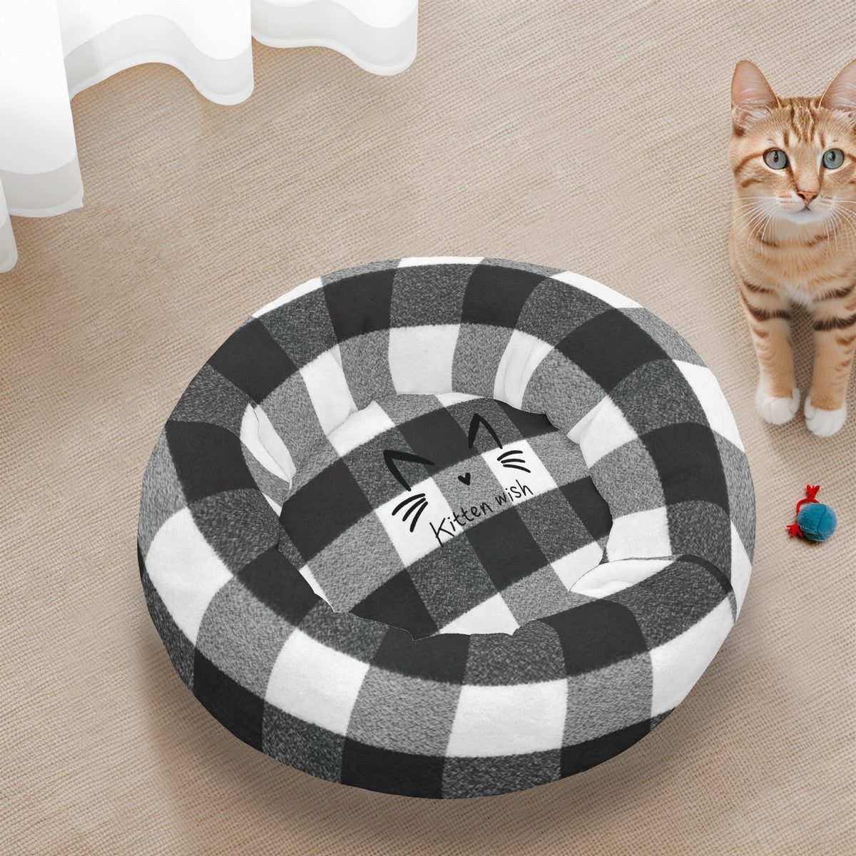Black and White Plaid Flannel Round Cat Bed