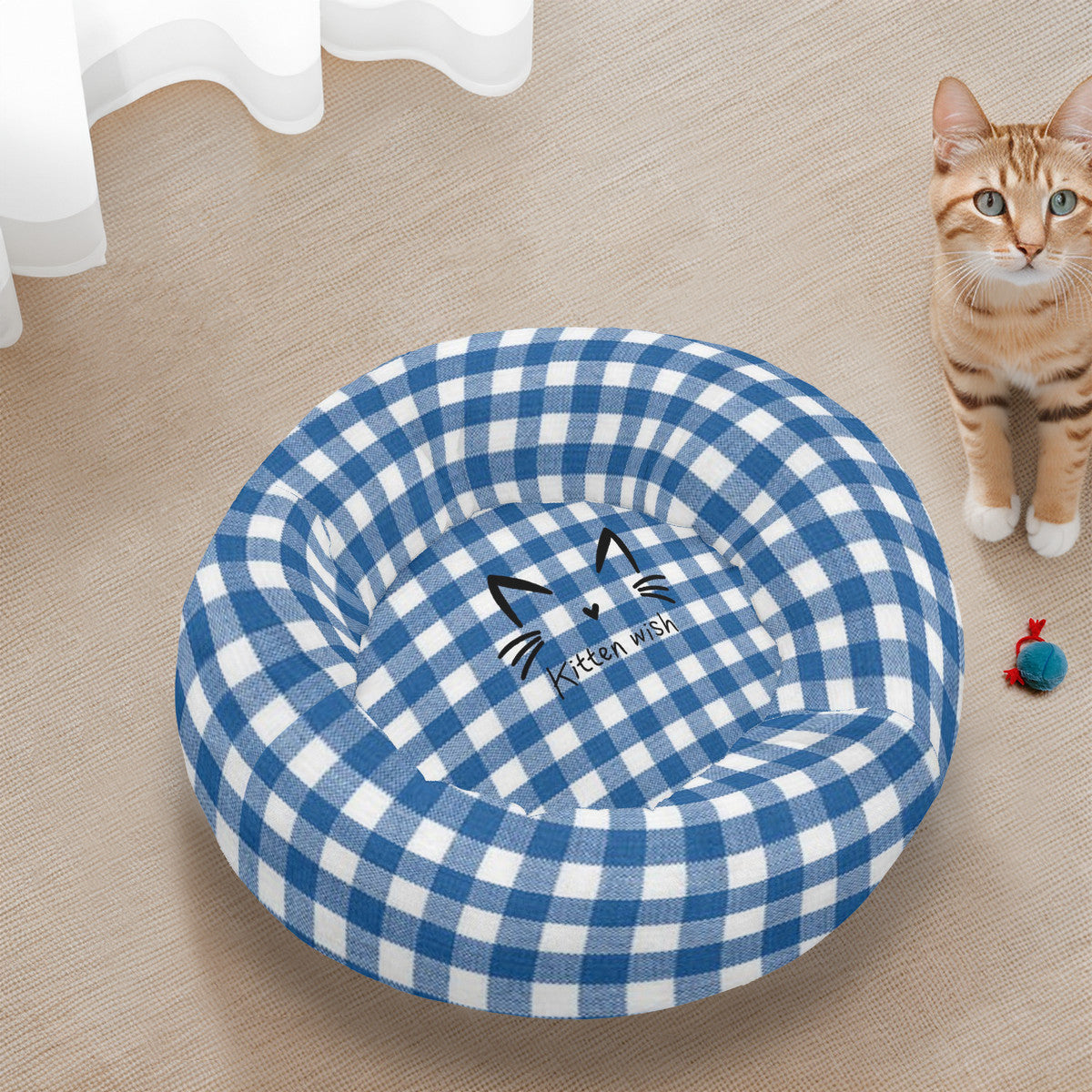 Blue Gingham Flannel Round Cat Bed