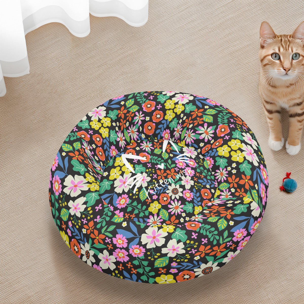 Retro Flowers Flannel Round Cat Bed