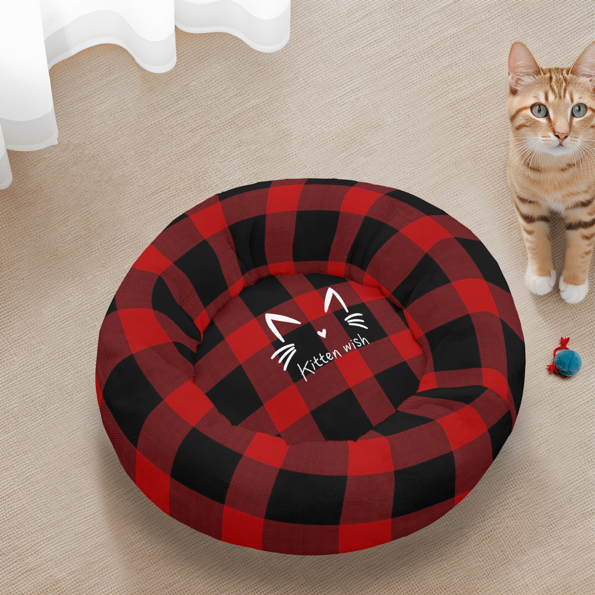 Red Plaid Flannel Round Cat Bed