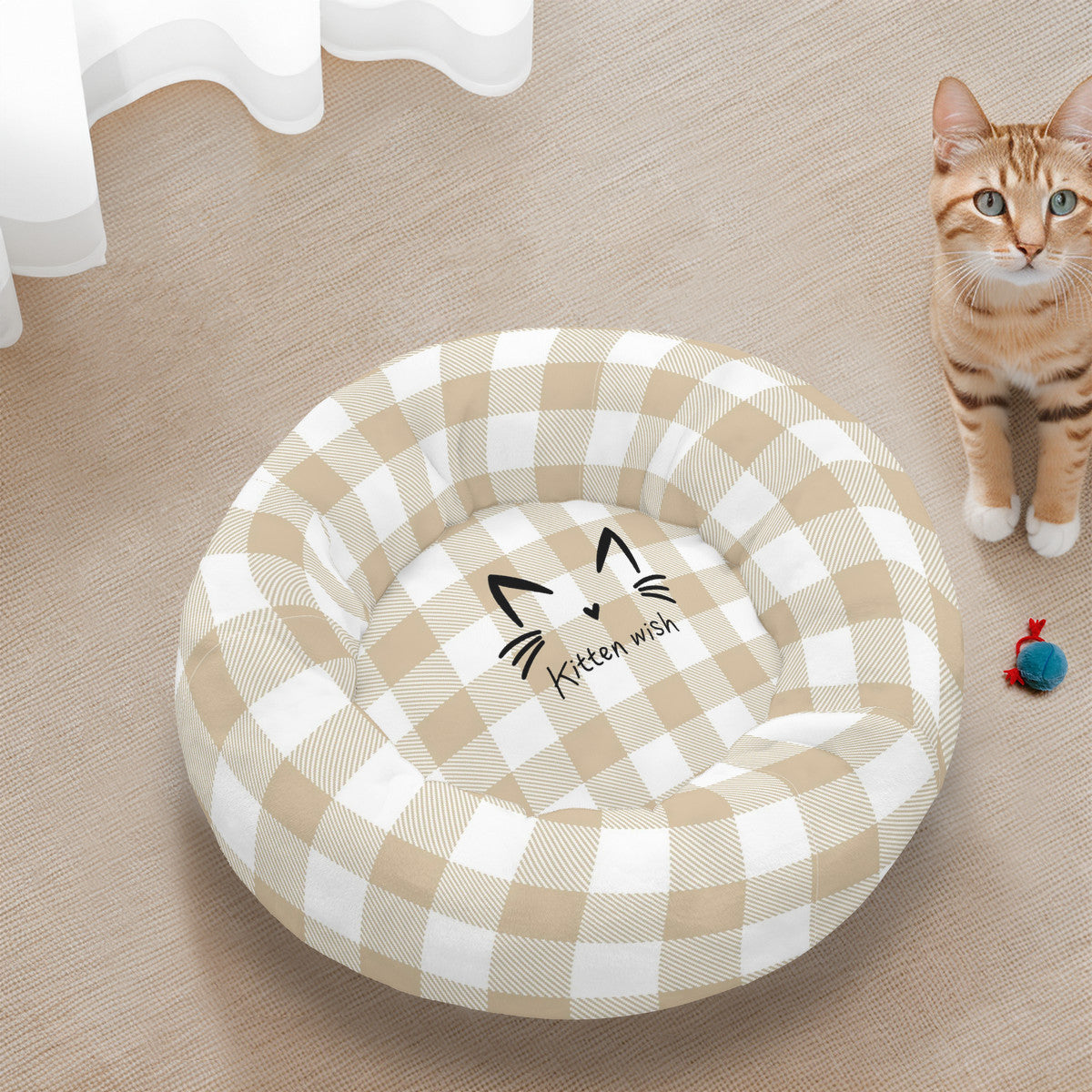 Beige Gingham Flannel Round Cat Bed