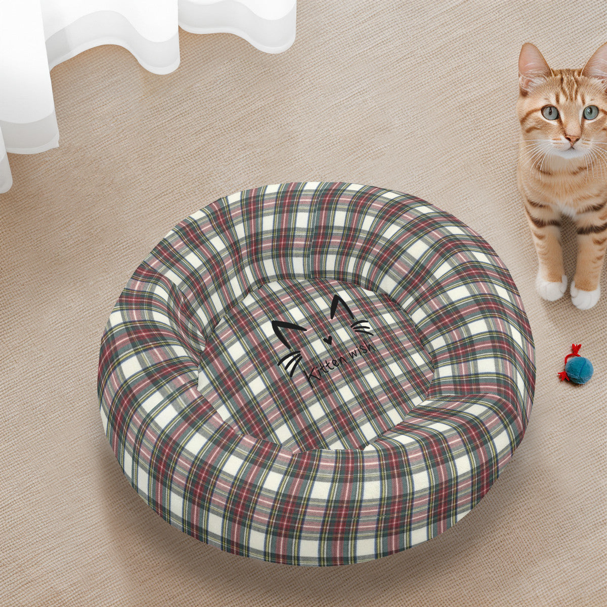 Ivory Plaid Flannel Round Cat Bed