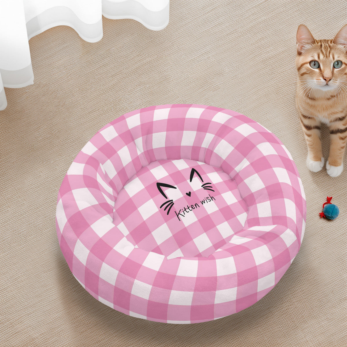 Pink Gingham Flannel Round Cat Bed